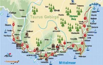 Lycian way map, map of lycian way, kas map, olympos map, antalya map